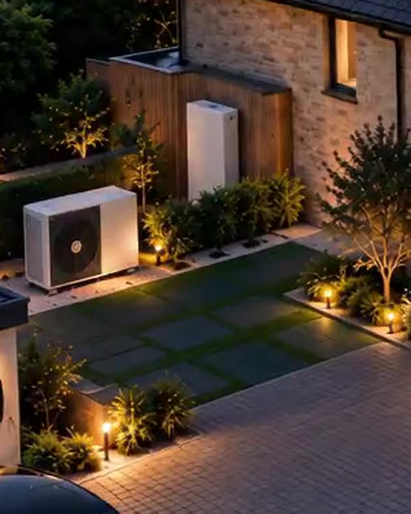 Home battery storage unit mounted on a timber-clad wall beside the heat pump in an evening-lit garden