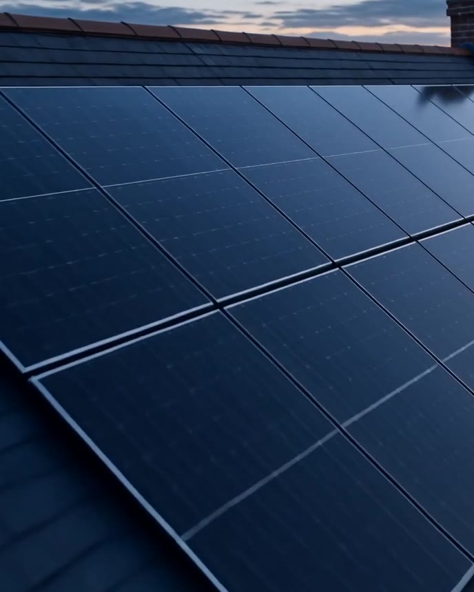 Close-up of all-black solar panels on a roof at dusk